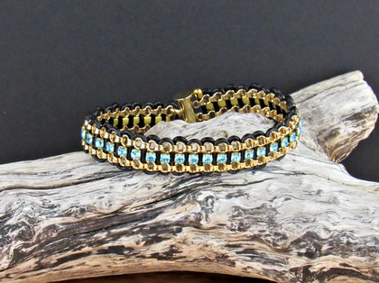 Leather & Crystal Bracelet - aqua/gold: click to enlarge