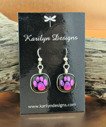 Dichroic Paw Print Earrings - Pink: click to enlarge