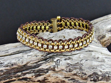Leather & Crystal Bracelet - clear/gold: click to enlarge