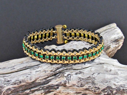 Leather & Crystal Bracelet - emerald/gold: click to enlarge