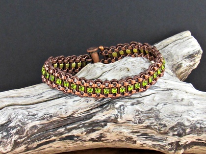Leather & Crystal Bracelet - olive/copper: click to enlarge
