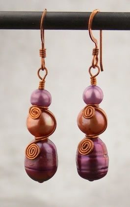 Pink 3 Pearl Copper Swirl Earrings: click to enlarge